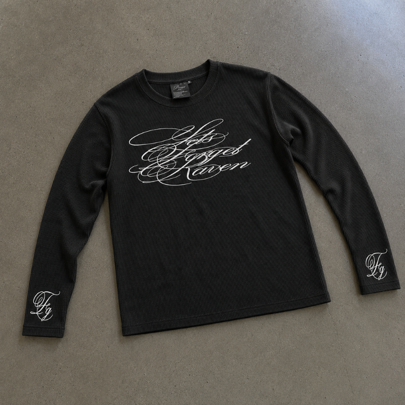 Long Sleeve Shirt Waffle Knit Graphic Tee Gothic Script Print Slim Fit