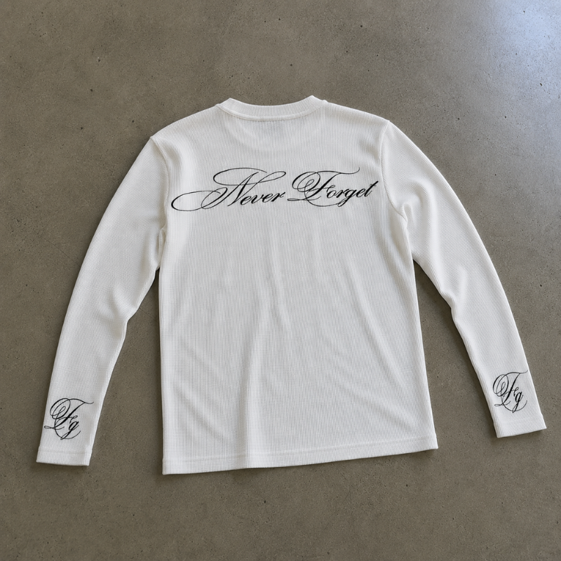 Long Sleeve Shirt Waffle Knit Graphic Tee Gothic Script Print Slim Fit