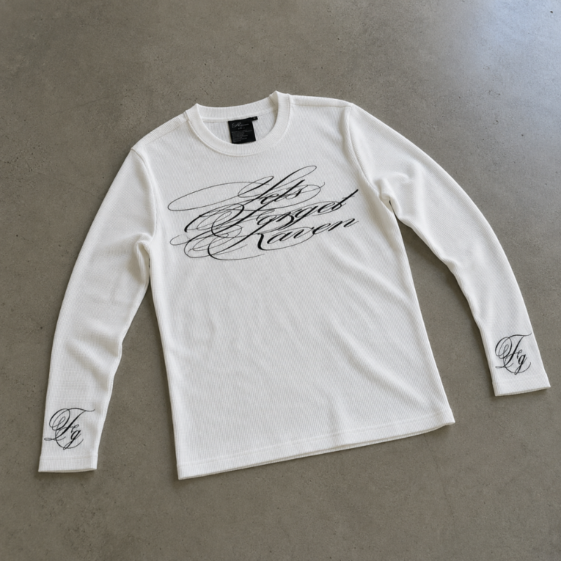 Long Sleeve Shirt Waffle Knit Graphic Tee Gothic Script Print Slim Fit