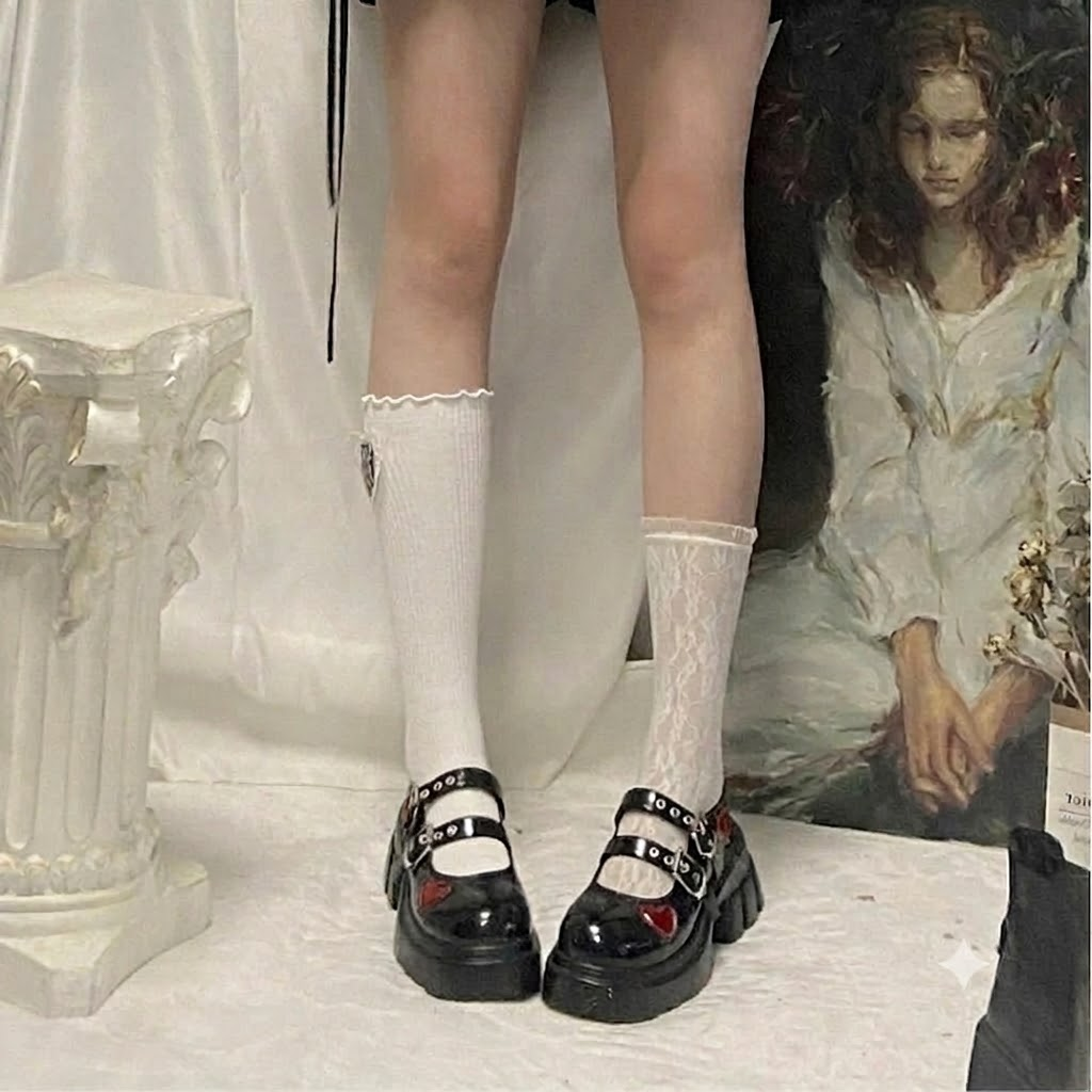 Mary Jane Shoes Women Platform Chunky Goth Punk Heart