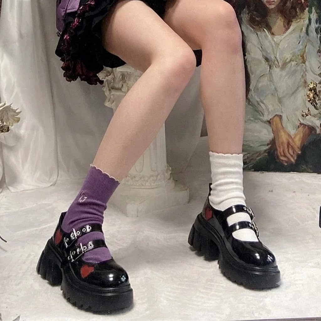 Mary Jane Shoes Women Platform Chunky Goth Punk Heart