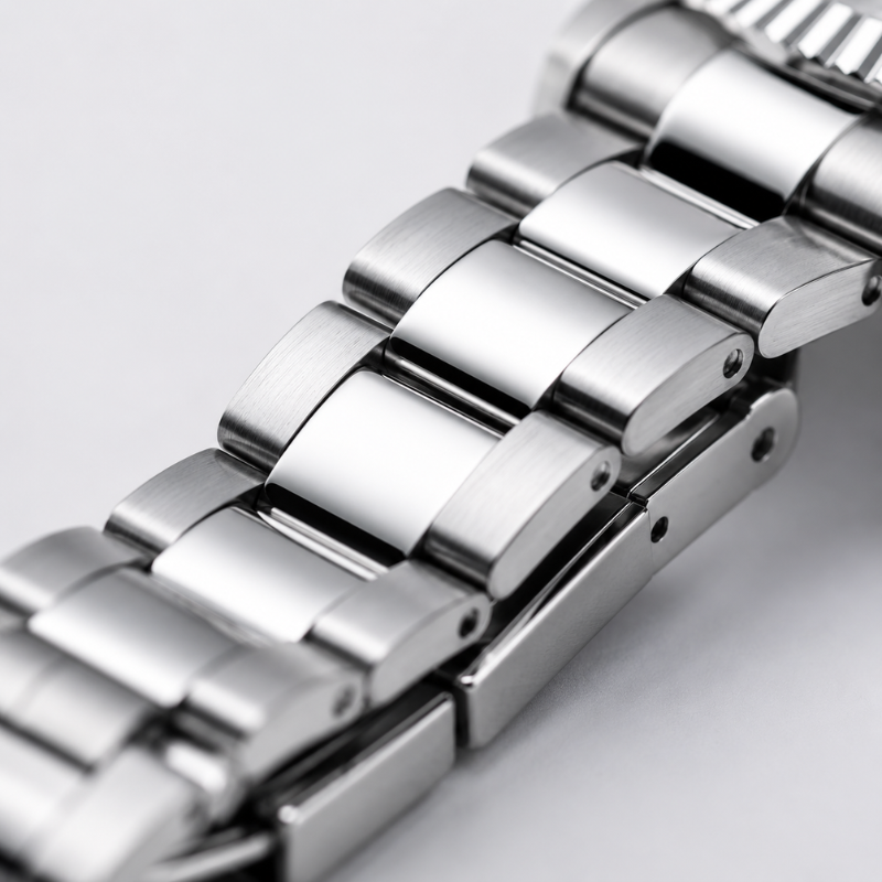 Men's Silver-Tone White Dial Watch Day-Date Display – Fluted Bezel