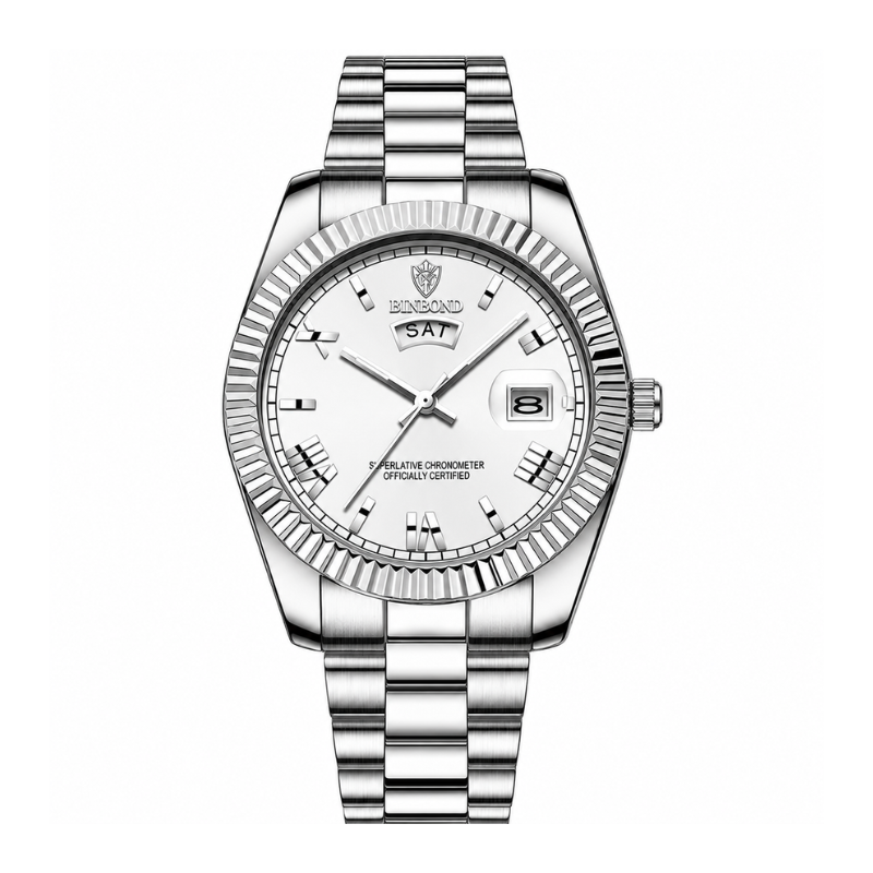 Men's Silver-Tone White Dial Watch Day-Date Display – Fluted Bezel