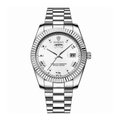 Men's Silver-Tone White Dial Watch Day-Date Display – Fluted Bezel