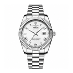 Men's Silver-Tone White Dial Watch Day-Date Display – Fluted Bezel
