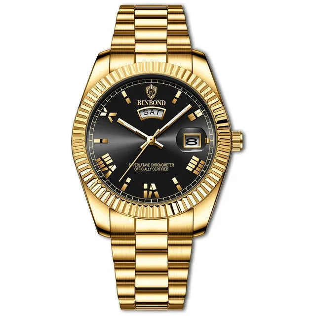 Men's Gold Watch Day-Date Function – Fluted Bezel-Tithesource-Black-Gold-