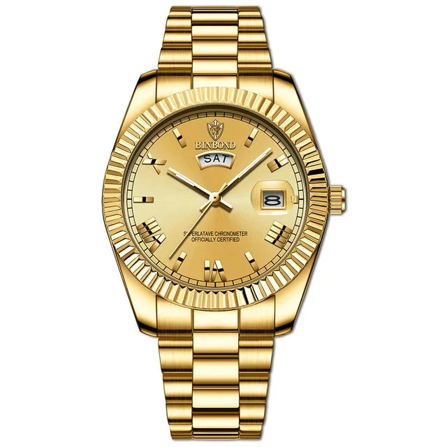 Men's Gold Watch Day-Date Function – Fluted Bezel-Tithesource-Gold-Gold-