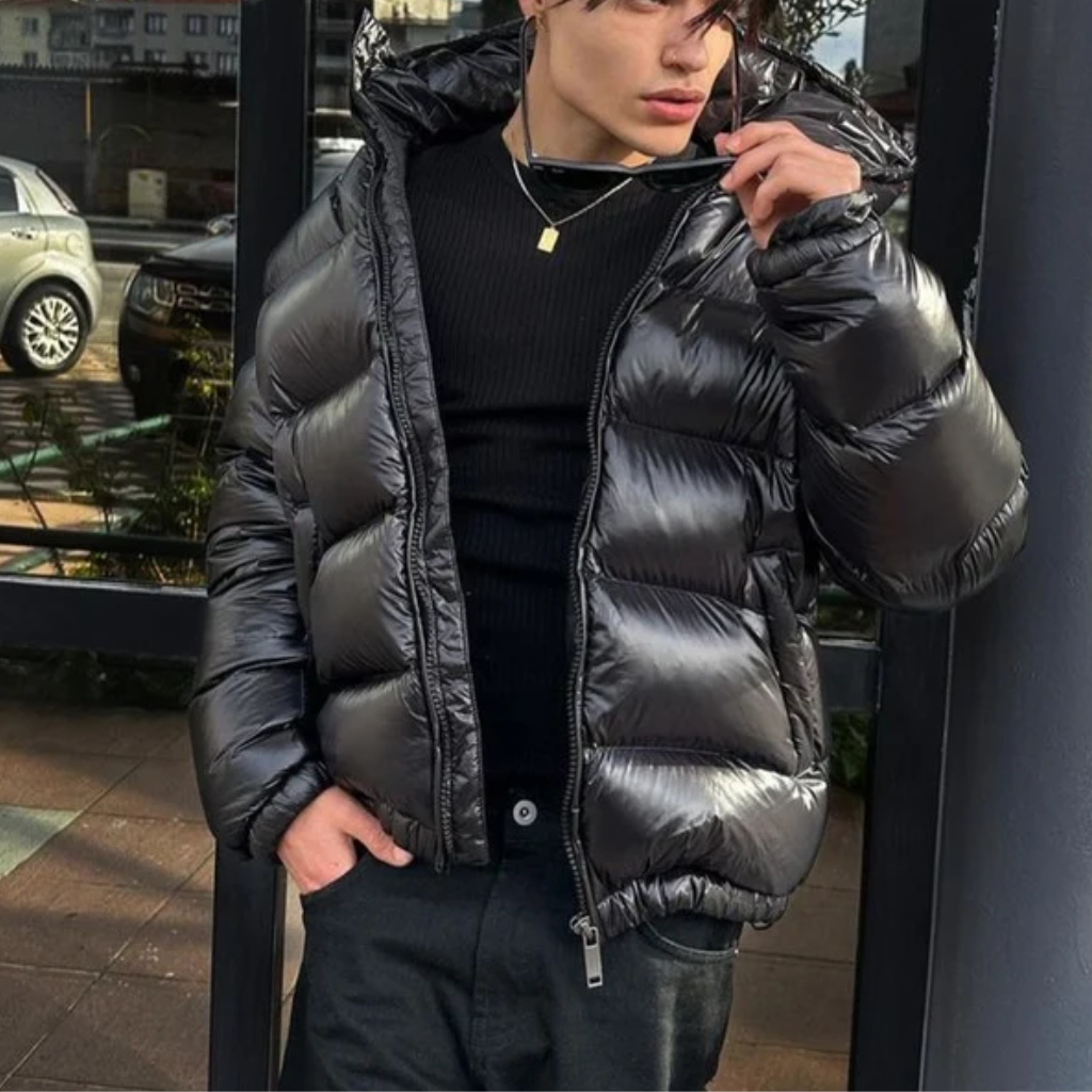 Men's Puffer Jacket with Hood - Shiny Finish