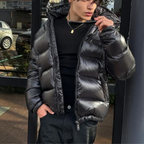 Men's Puffer Jacket with Hood - Shiny Finish