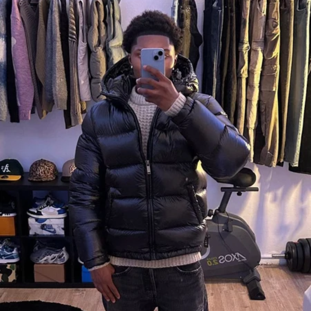 Men's Puffer Jacket with Hood - Shiny Finish
