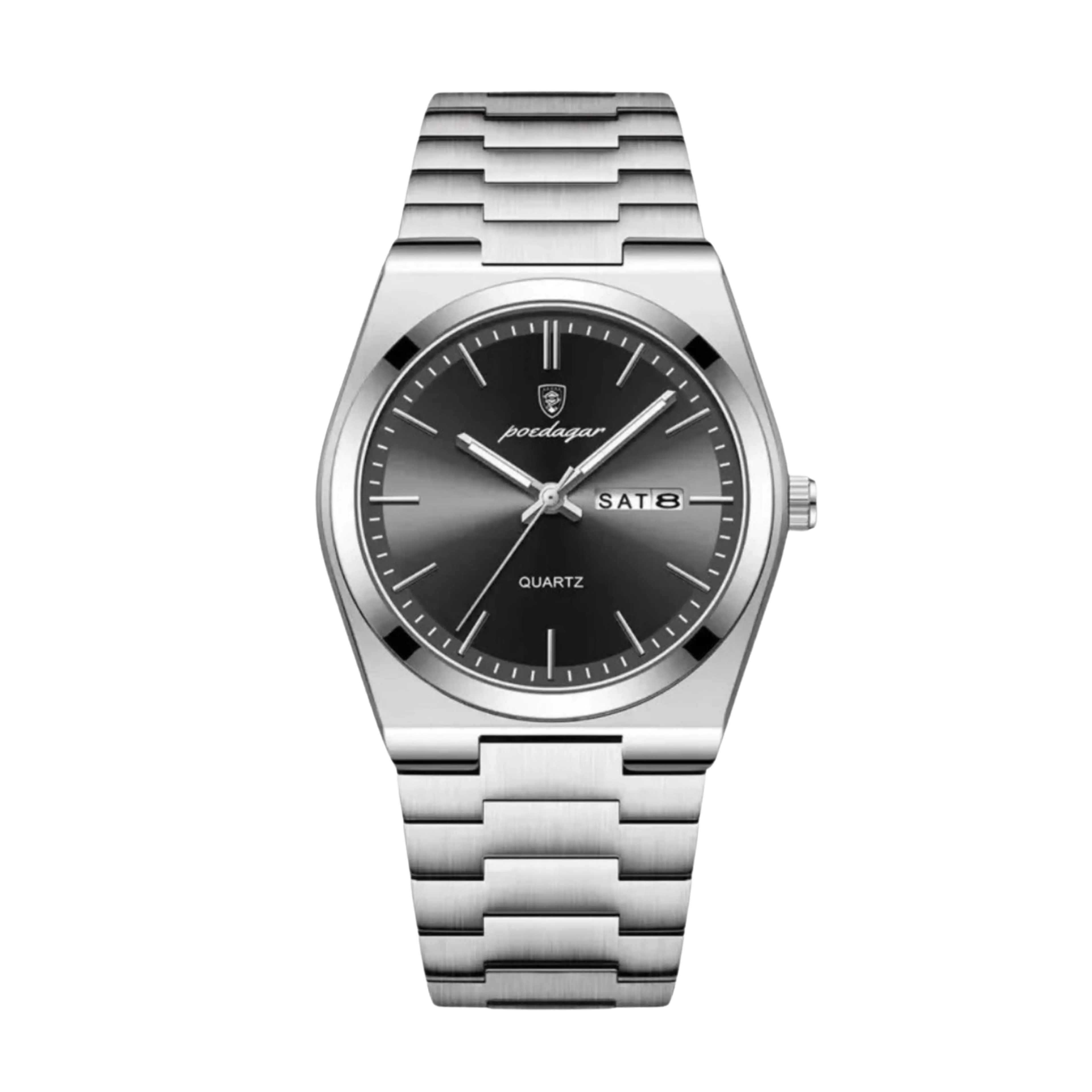 Men's Quartz Watch – Silver Steel - Domed Bezel - Integrated Bracelet-Tithesource-Black-
