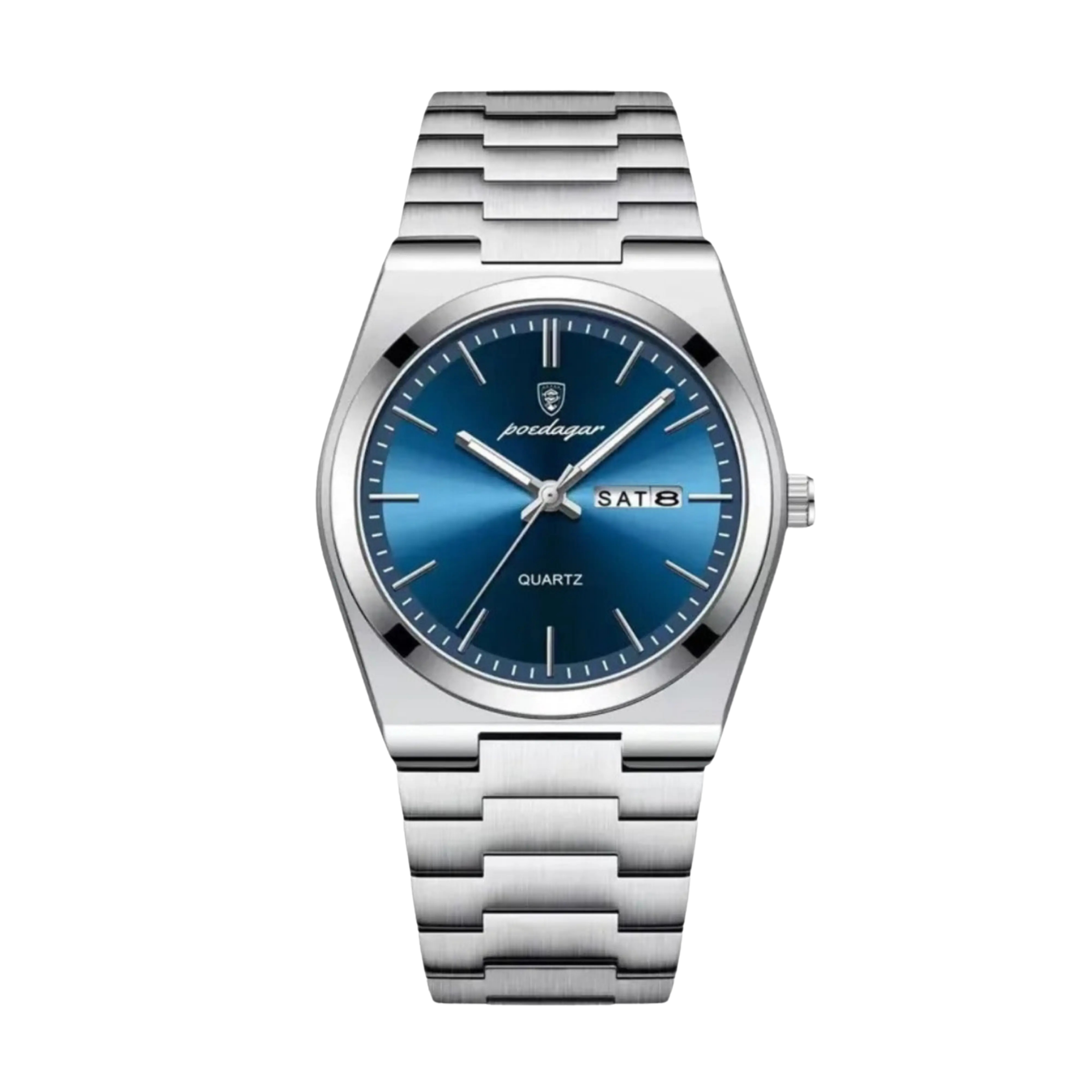Men's Quartz Watch – Silver Steel - Domed Bezel - Integrated Bracelet-Tithesource-Blue-