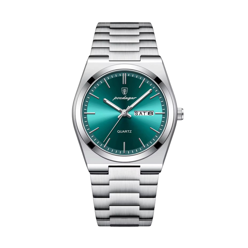 Men's Quartz Watch – Silver Steel - Domed Bezel - Integrated Bracelet-Tithesource-Green-