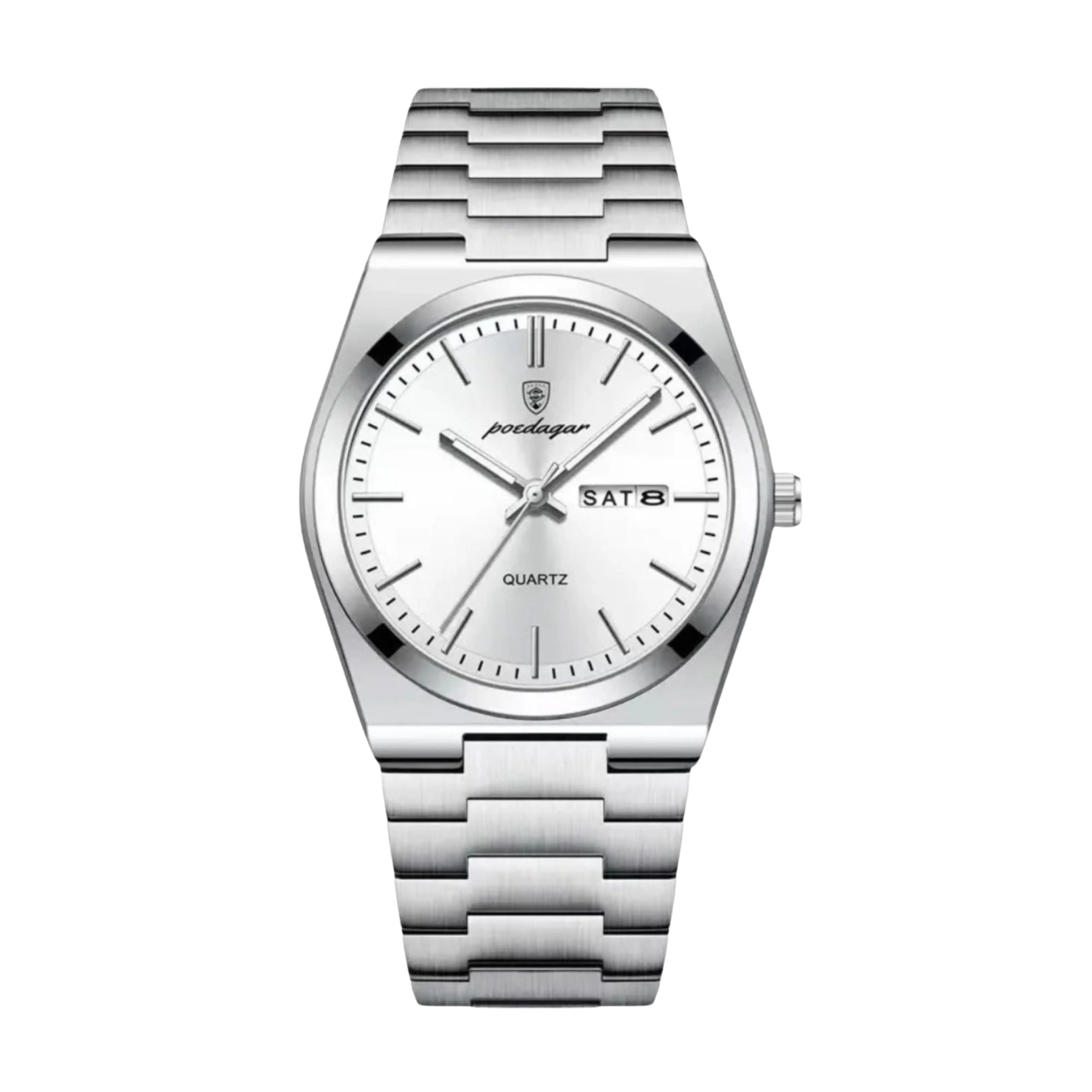 Men's Quartz Watch – Silver Steel - Domed Bezel - Integrated Bracelet-Tithesource-White-