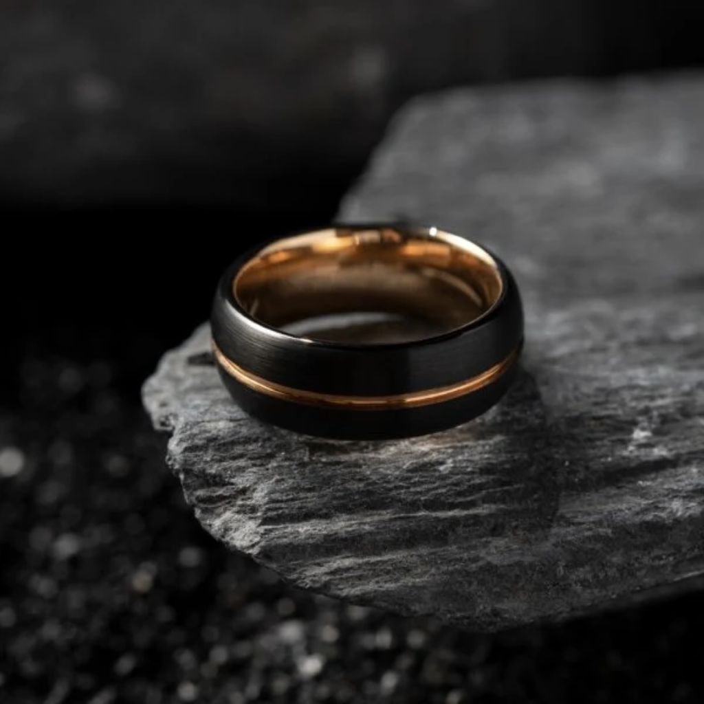 Mens Ring Black Tungsten Rose Gold - Wedding Band - The Promise