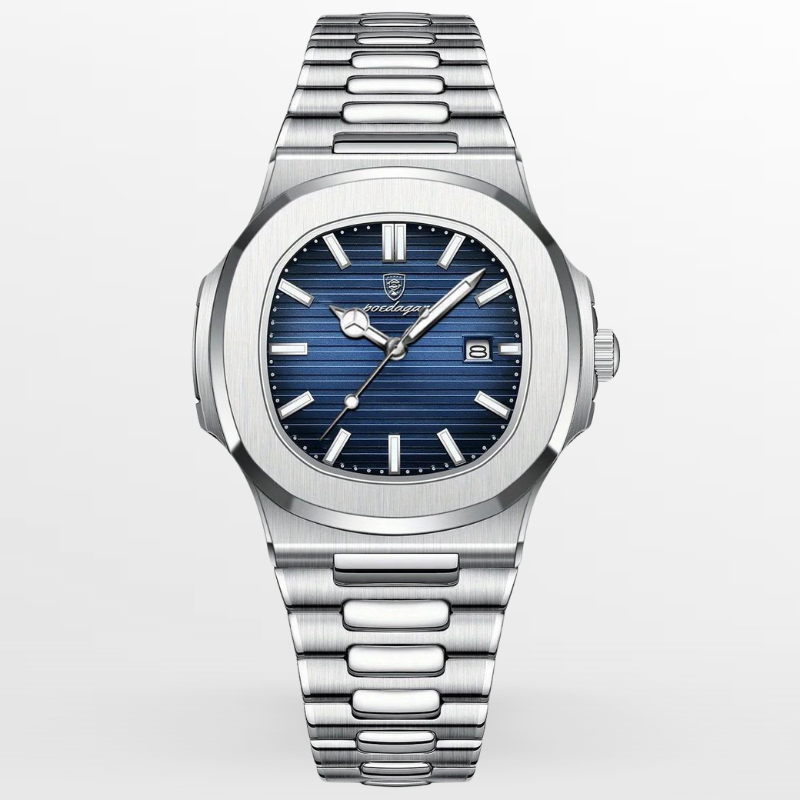 Men's Silver Steel Sports Watch – Octagonal Case, Integrated Bracelet-Tithesource-Blue-Silver-