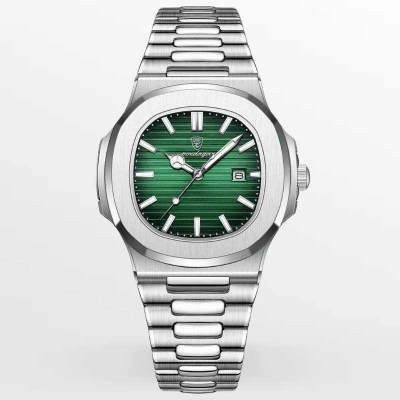 Men's Silver Steel Sports Watch – Octagonal Case, Integrated Bracelet-Tithesource-Green-Silver-