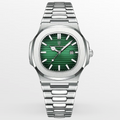 Men's Silver Steel Sports Watch – Octagonal Case, Integrated Bracelet-Tithesource-Green-Silver-