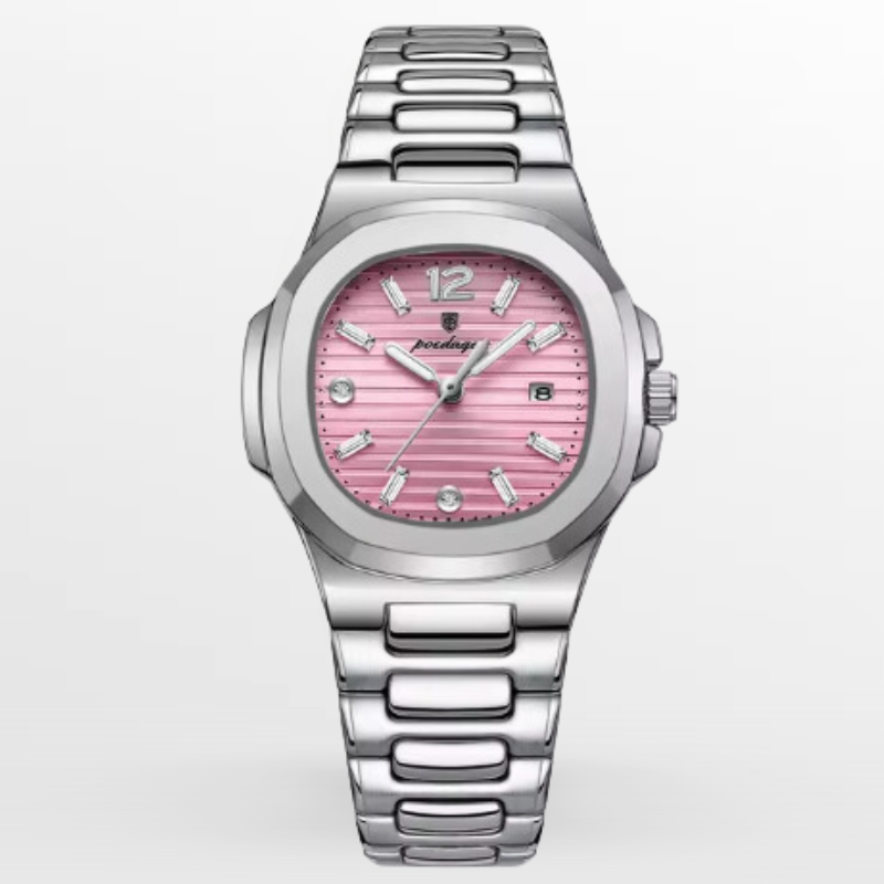 Men's Silver Steel Sports Watch – Octagonal Case, Integrated Bracelet-Tithesource-Pink-Silver-