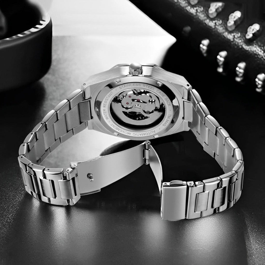 Men's Skeleton Automatic Watch – Octagonal Case, Steel Bracelet-Tithesource-