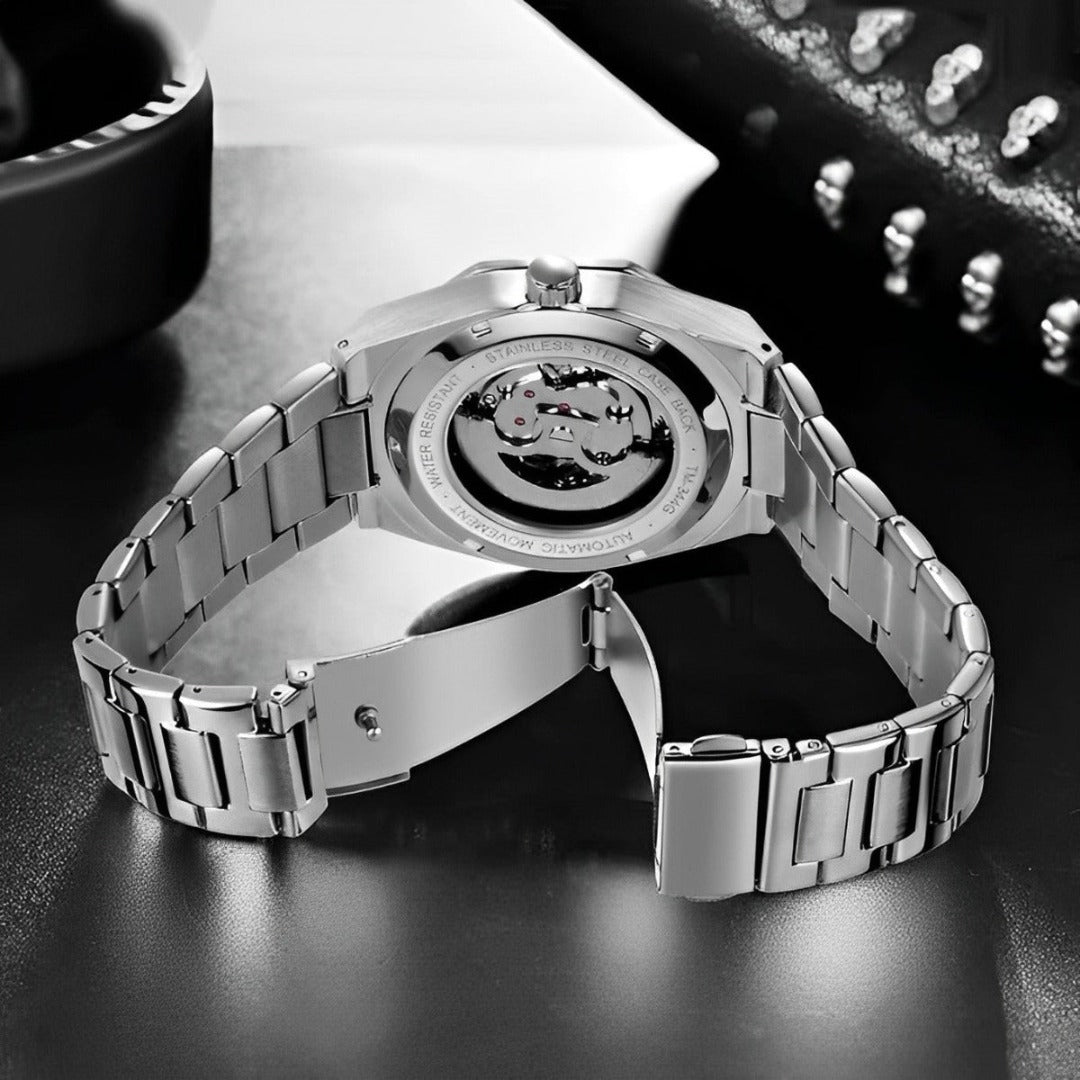 Men's Skeleton Automatic Watch – Octagonal Case, Steel Bracelet-Tithesource-
