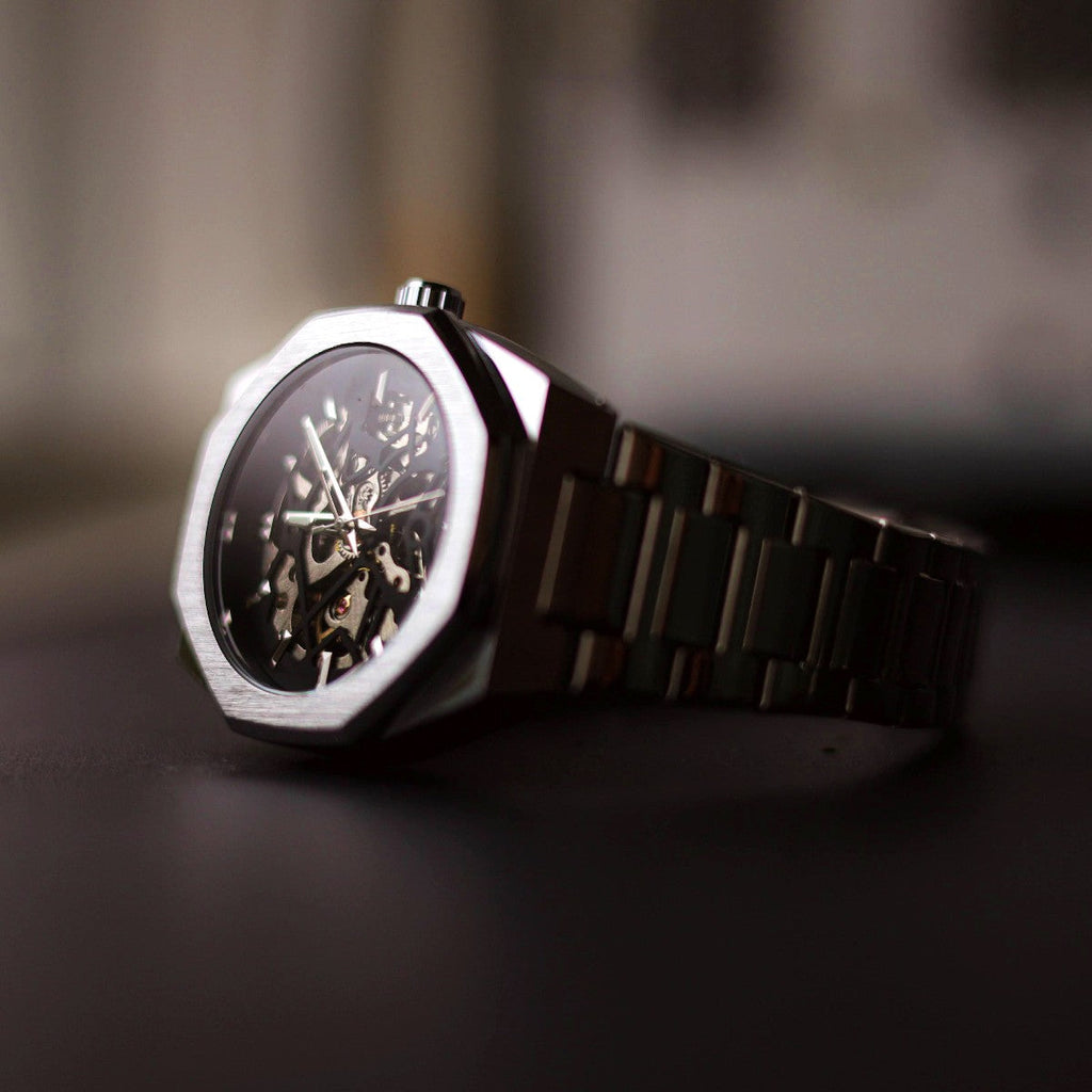 Men's Skeleton Automatic Watch – Octagonal Case, Steel Bracelet-Tithesource-
