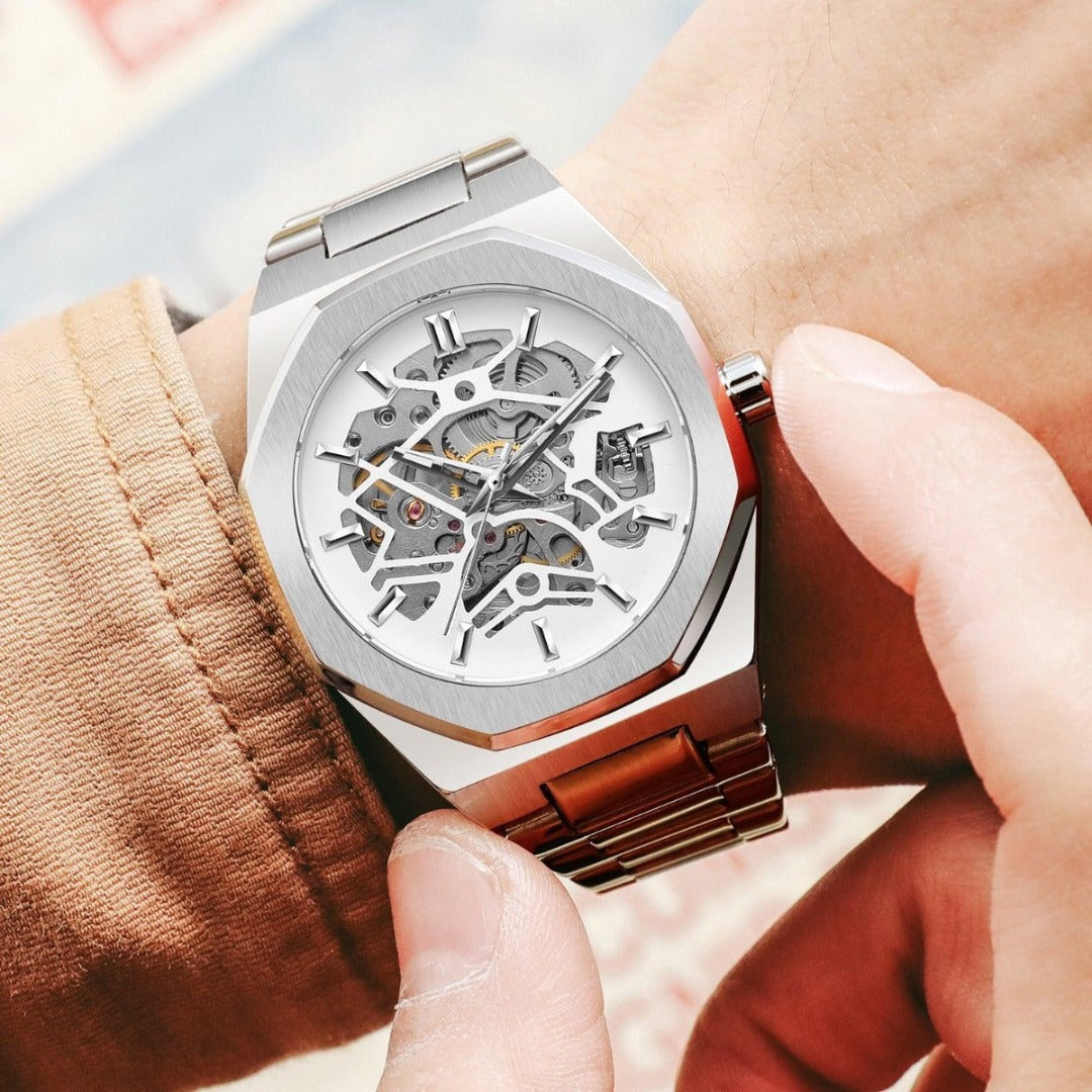 Men's Skeleton Automatic Watch – Octagonal Case, Steel Bracelet-Tithesource-