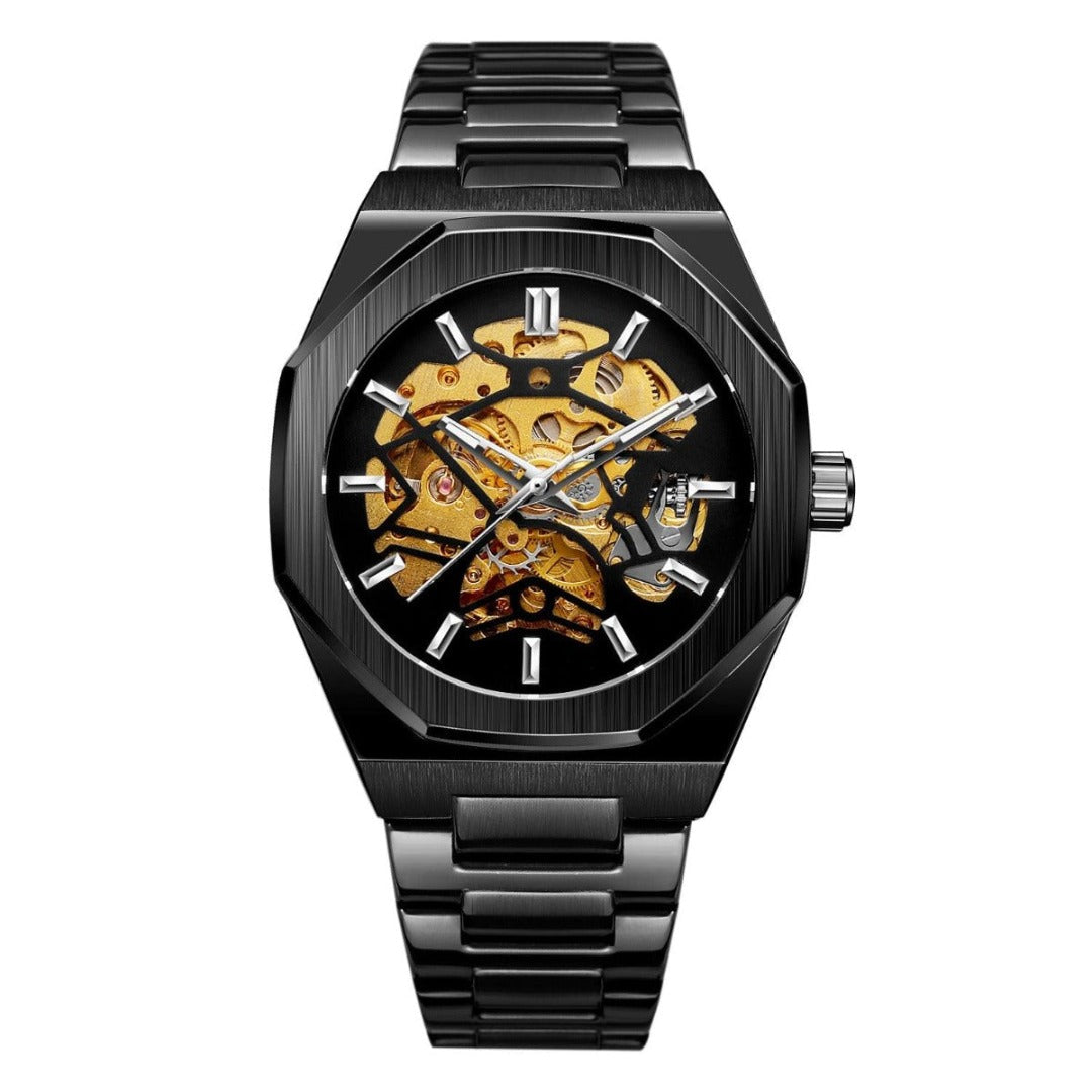 Men's Skeleton Automatic Watch – Octagonal Case, Steel Bracelet-Tithesource-Black-
