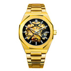 Men's Skeleton Automatic Watch – Octagonal Case, Steel Bracelet-Tithesource-Gold-