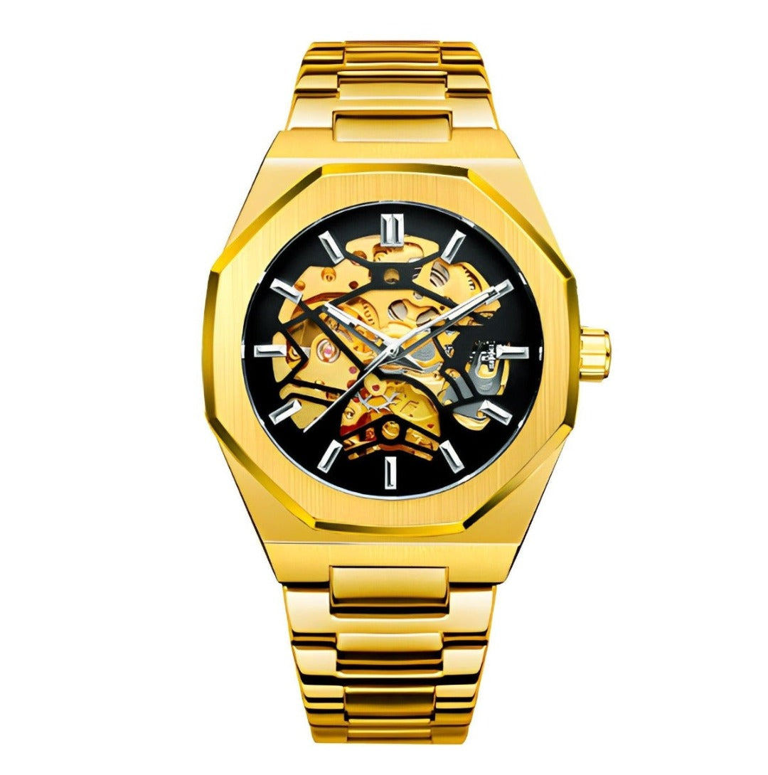 Men's Skeleton Automatic Watch – Octagonal Case, Steel Bracelet-Tithesource-Gold-