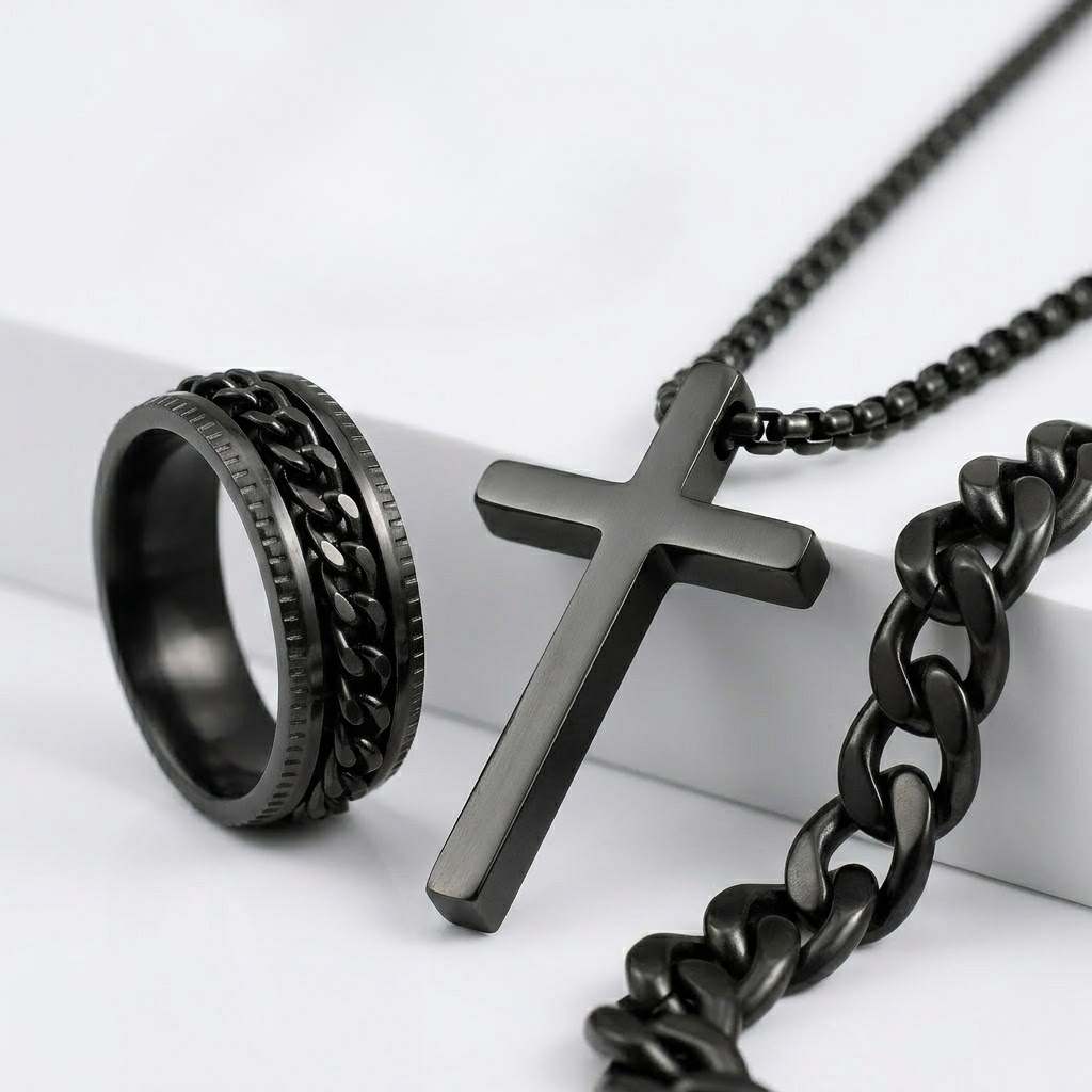 Men's Stainless Steel Cross Jewelry Set | Chain, Bracelet and Ring