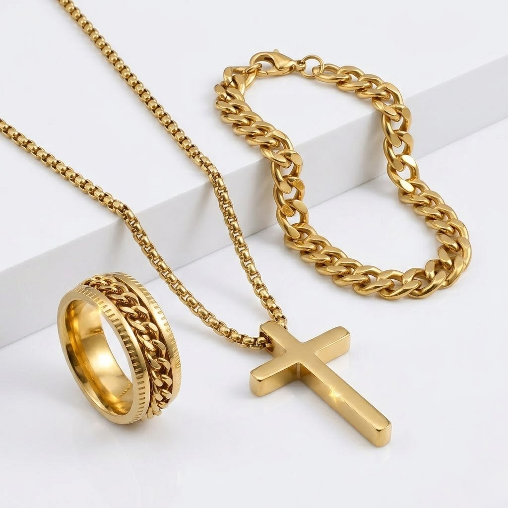 Men's Stainless Steel Cross Jewelry Set | Chain, Bracelet and Ring