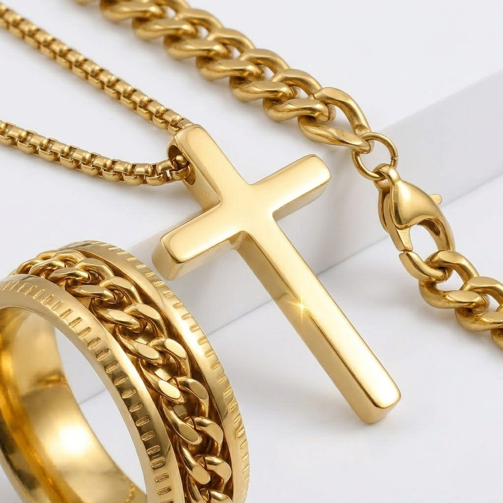 Men's Stainless Steel Cross Jewelry Set | Chain, Bracelet and Ring