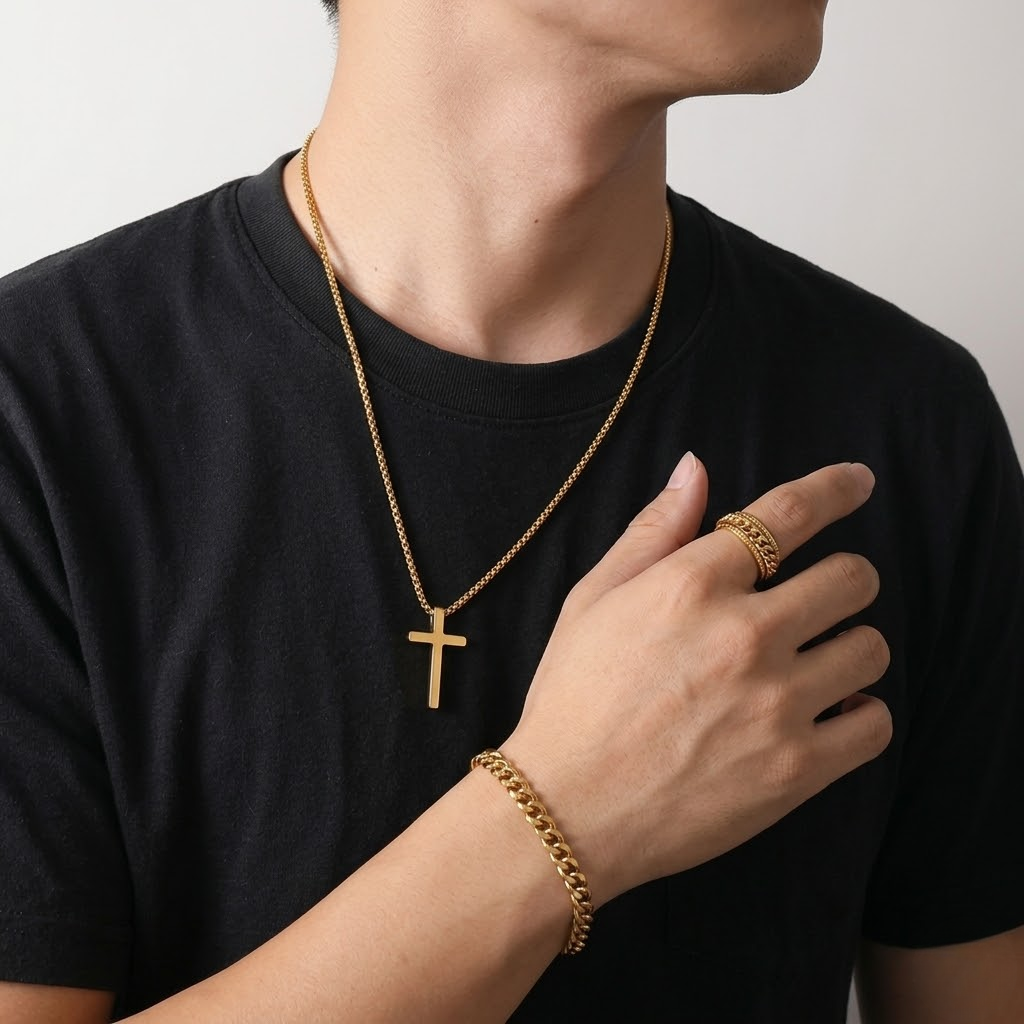 Men's Stainless Steel Cross Jewelry Set | Chain, Bracelet and Ring