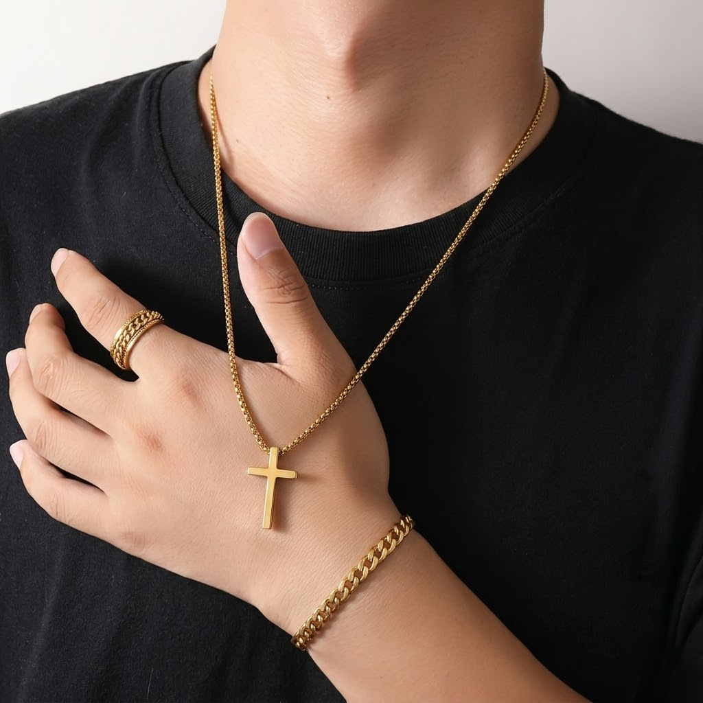 Men's Stainless Steel Cross Jewelry Set | Chain, Bracelet and Ring