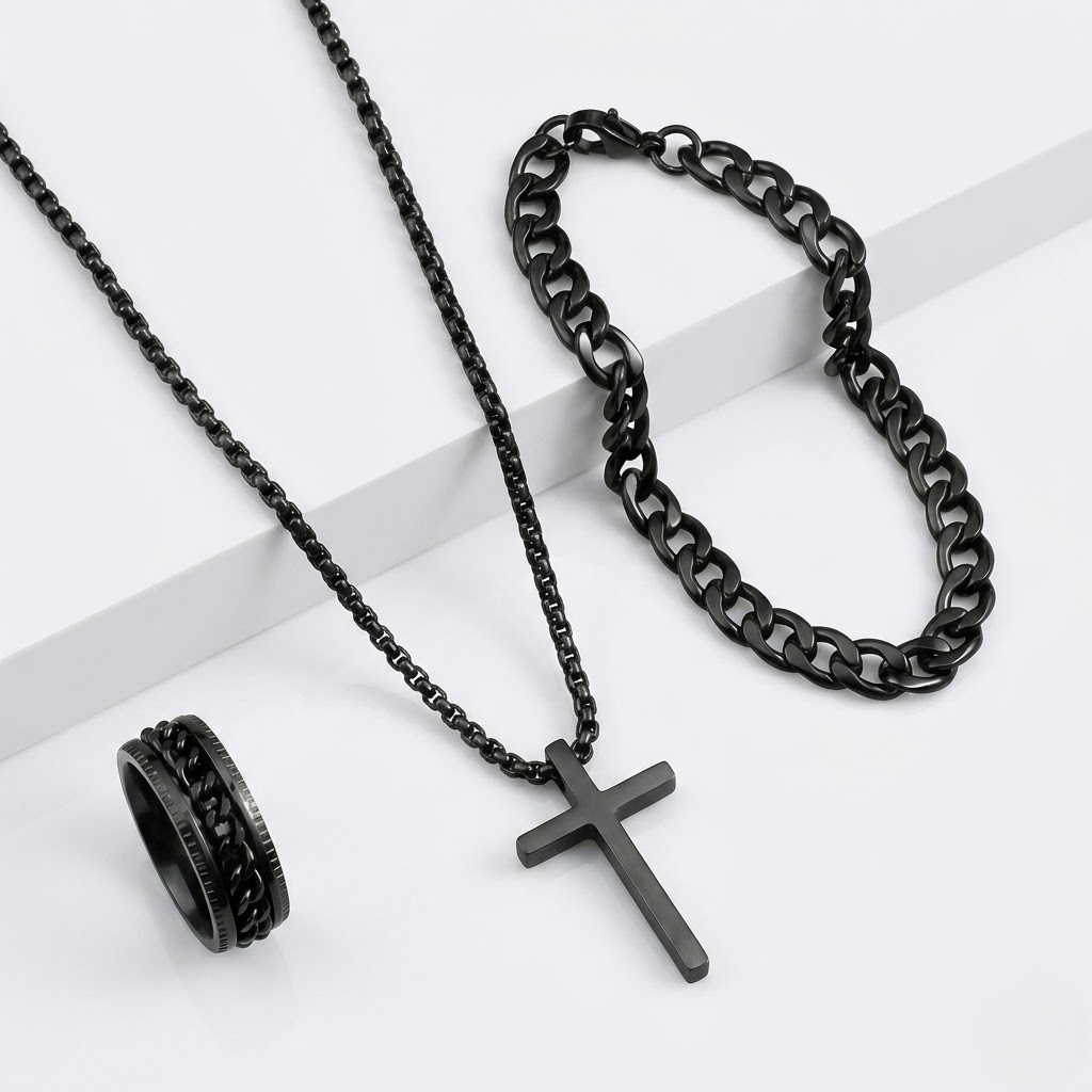 Men's Stainless Steel Cross Jewelry Set | Chain, Bracelet and Ring