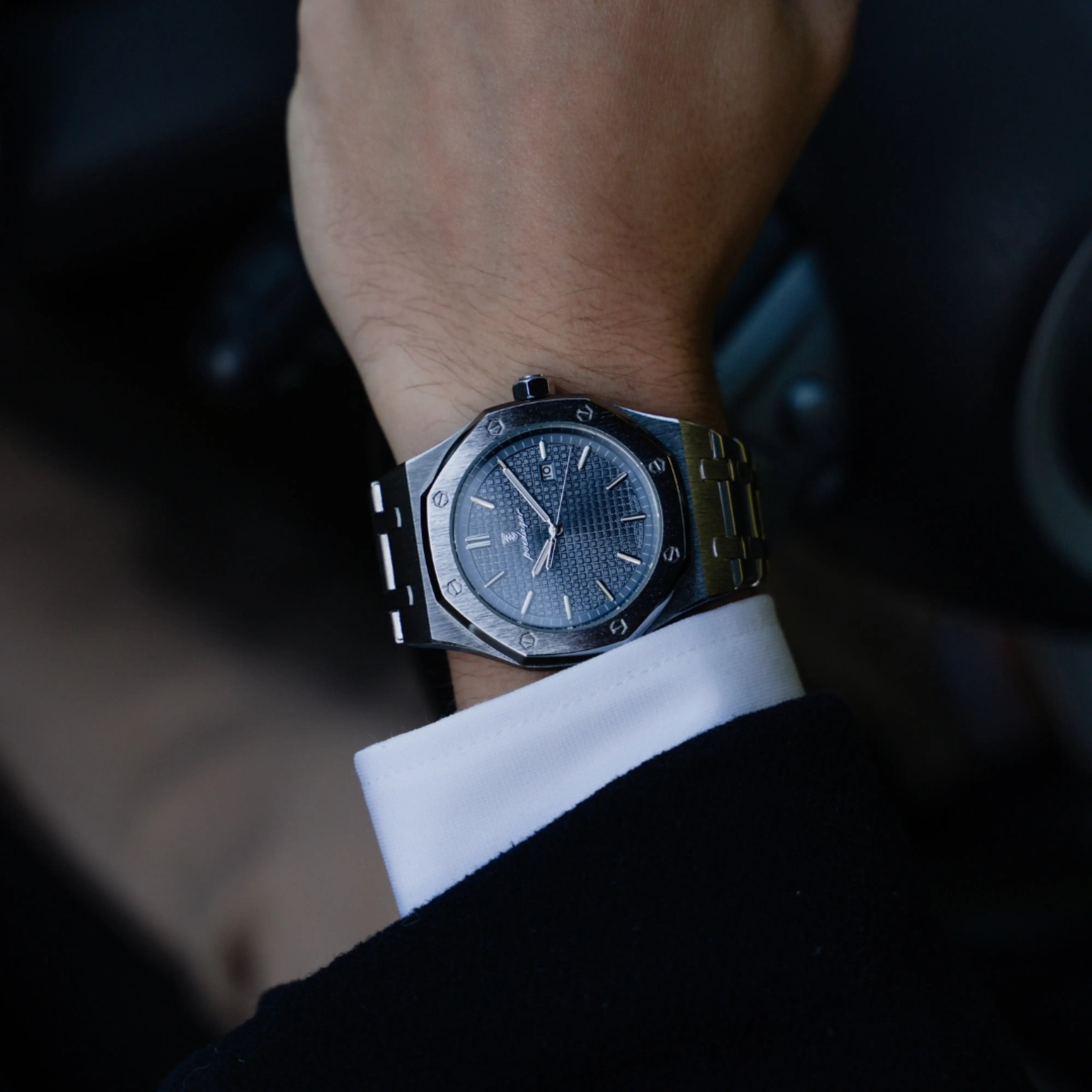 Men's Steel Sports Watch – Octagonal Screw Bezel, Textured Dial-Tithesource-