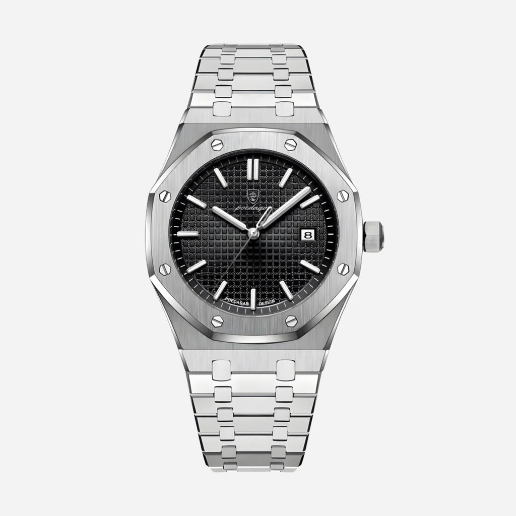 Men's Steel Sports Watch – Octagonal Screw Bezel, Textured Dial-Tithesource-Black-