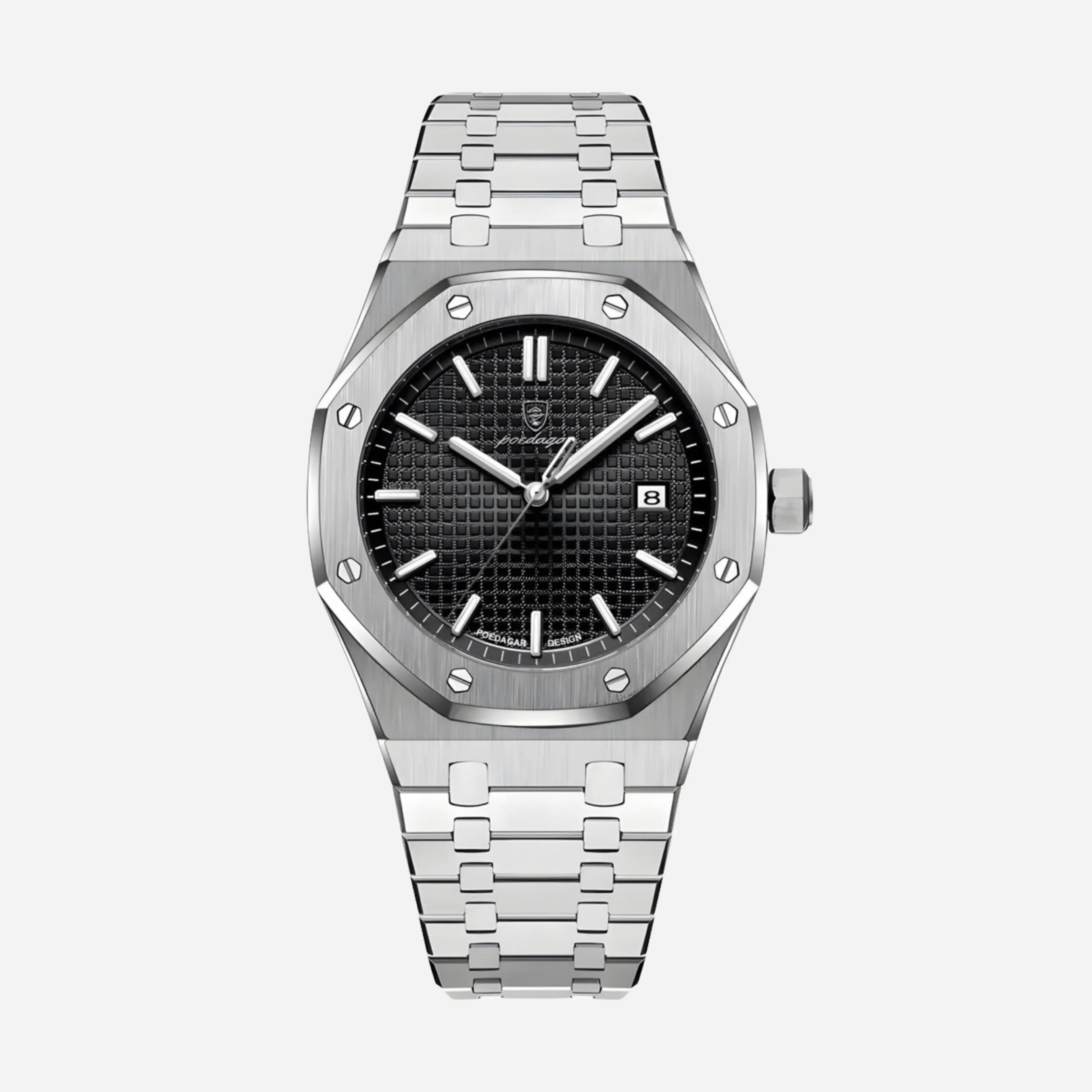 Men's Steel Sports Watch – Octagonal Screw Bezel, Textured Dial-Tithesource-Black-
