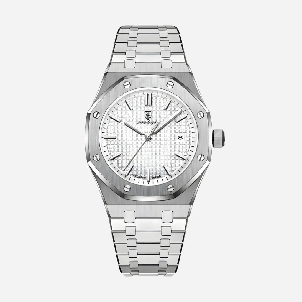 Men's Steel Sports Watch – Octagonal Screw Bezel, Textured Dial-Tithesource-White-