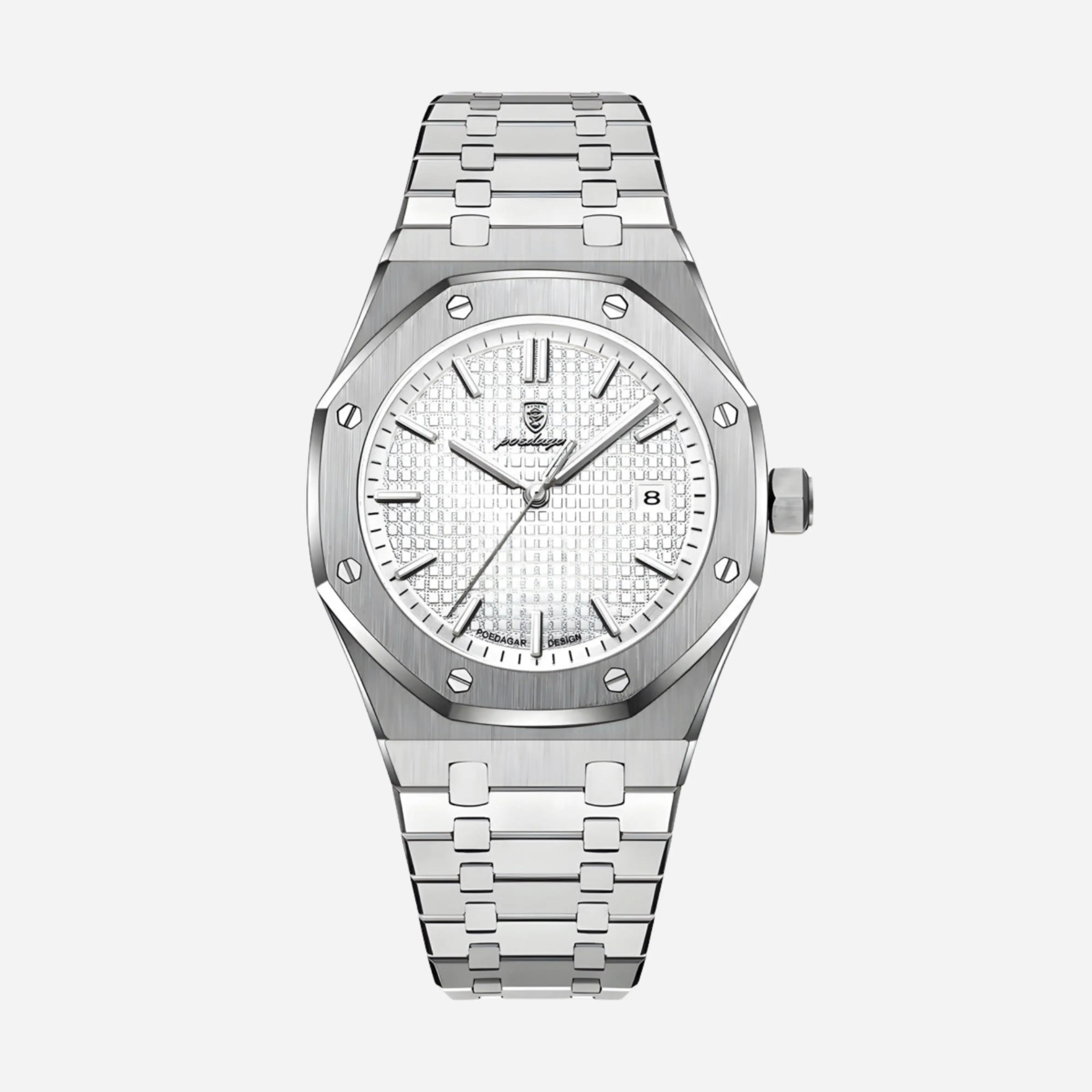 Men's Steel Sports Watch – Octagonal Screw Bezel, Textured Dial-Tithesource-White-