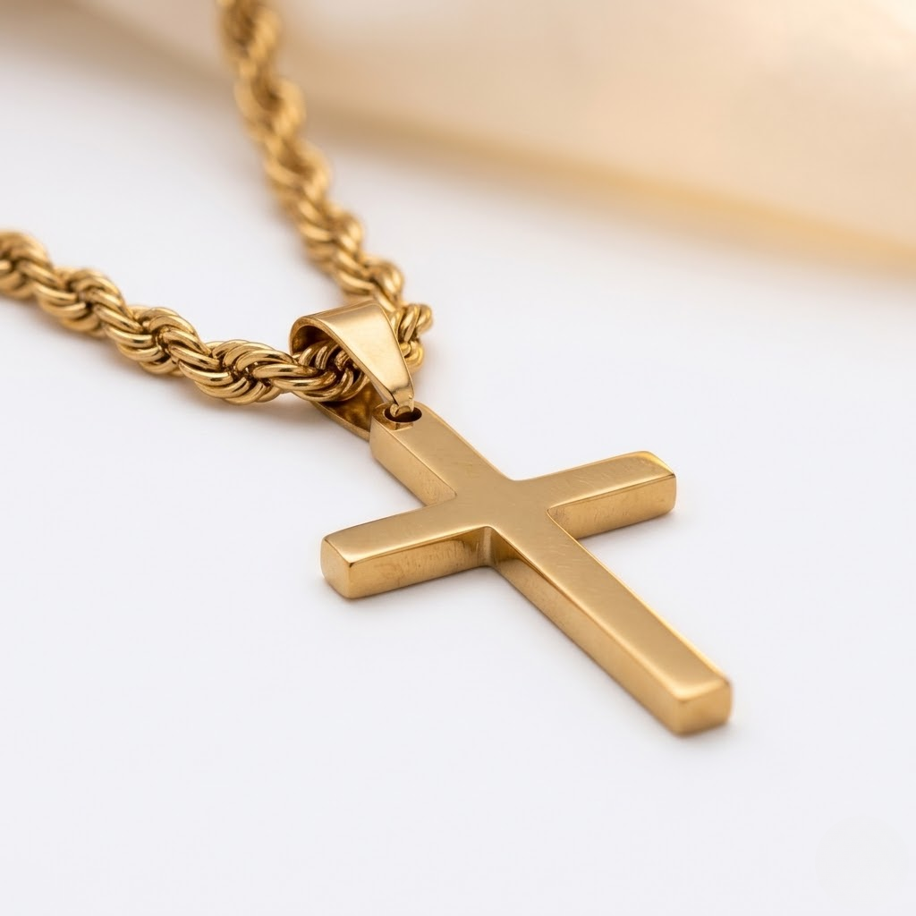 Minimalist Small Cross Pendant Necklace | Rope Chain