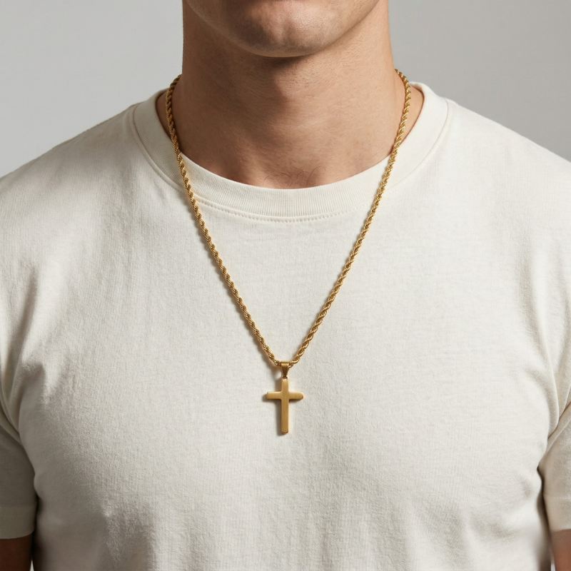 Minimalist Small Cross Pendant Necklace | Rope Chain