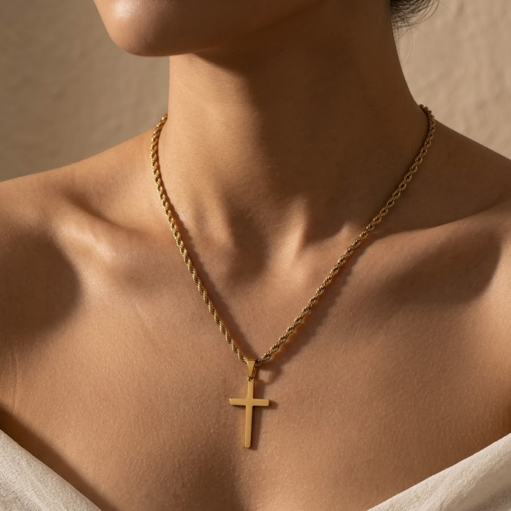 Minimalist Small Cross Pendant Necklace | Rope Chain