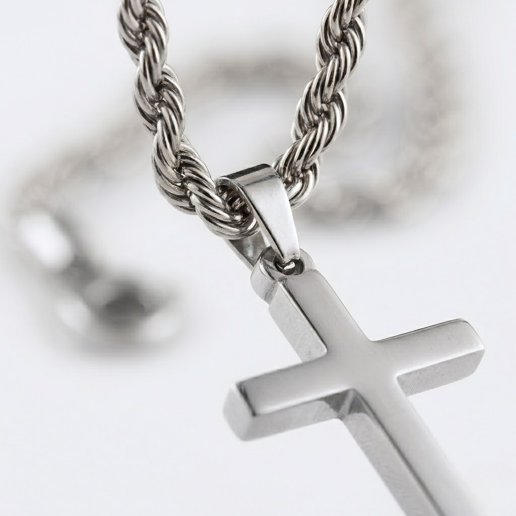 Minimalist Small Cross Pendant Necklace | Rope Chain