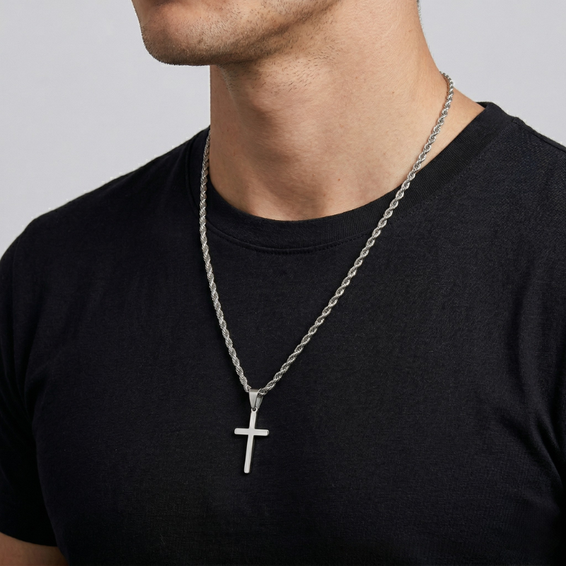 Minimalist Small Cross Pendant Necklace | Rope Chain
