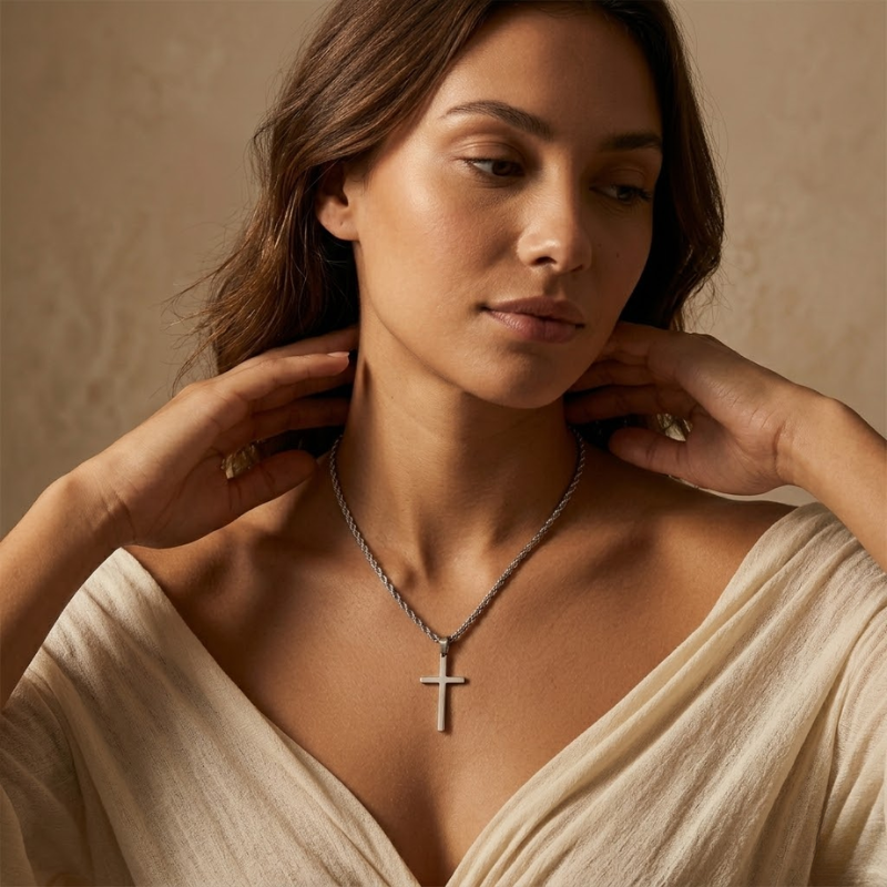 Minimalist Small Cross Pendant Necklace | Rope Chain