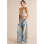Baggy Denim Jeans Womens - Wide Leg Patchwork Frayed Rivets