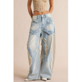 Baggy Denim Jeans Womens - Wide Leg Patchwork Frayed Rivets