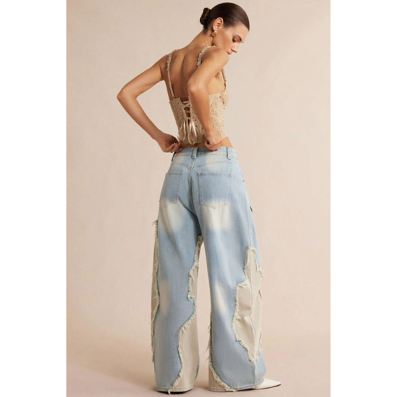 Baggy Denim Jeans Womens - Wide Leg Patchwork Frayed Rivets